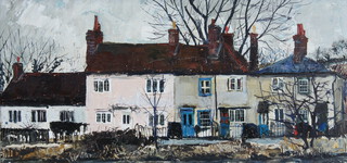 **Jeremy C G King, born 1933, oil on board, terrace of Victorian houses inscribed on verso "Town Lane, Wooburn" 18cm x 38cm **PLEASE NOTE - Works by this artist may be subject to Artist's Resale Rights