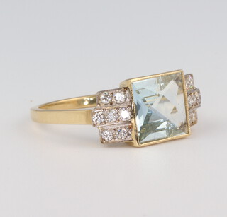 A yellow metal square cut aquamarine and diamond ring the centre stone 1.8ct, brilliant cut diamonds 0.35ct, size M 1/2, 4 grams 