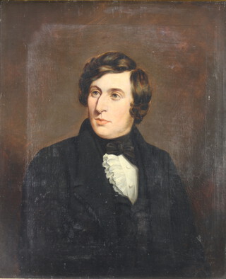19th Century oil on canvas unsigned, study of a gentleman in a black frock coat, 74cm x 61cm  