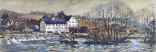 **Jeremy C G King '68, born 1933, oil on board, Buckinghamshire riverscape with buildings 39cm x 113cm  **PLEASE NOTE - Works by this artist may be subject to Artist's Resale Rights