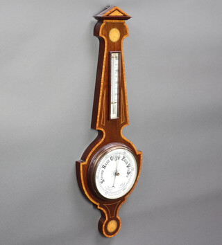 An Edwardian aneroid barometer and thermometer with enamelled dial, contained in an inlaid mahogany wheel case 90cm h x 30cm w x 4cm d 