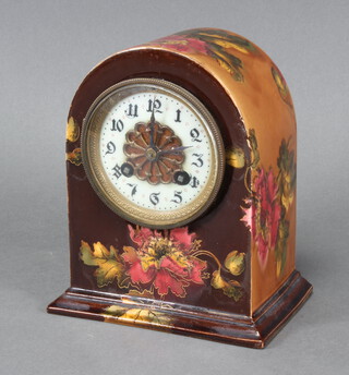 AD Mougin, a Victorian 8 day mantel clock with 8cm circular dial and Arabic numerals, contained in an arch shaped pottery case with floral decoration 18cm h x 15cm w x 10cm, complete with pendulum (no key)  