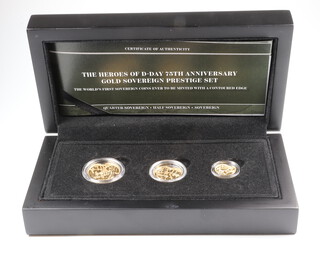 The Heroes of D-Day 75th Anniversary gold sovereign Prestige Set, comprising sovereign, half sovereign and quarter sovereign 2019, boxed with certificate 
