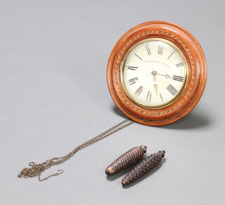 A 19th Century Postmans alarm clock the 22cm painted dial with Roman numerals marked Beringer Brothers, contained in an inlaid mahogany case complete with weights (no pendulum) 36cm x 14cm 
