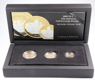 A 2020 VE Day 75th Anniversary gold sovereign Prestige Set comprising sovereign, half sovereign and quarter sovereign, boxed and with certficate