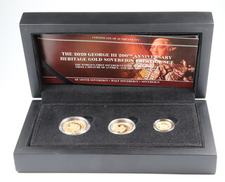 The 2020 George III 200th Anniversary Heritage gold sovereign Prestige Set comprising sovereign, half sovereign and quarter sovereign, boxed and with certificate 