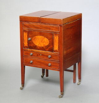 A Georgian inlaid mahogany enclosed wash stand, fitted bowl receptacle and rectangular plate mirror, the base fitted a cupboard above a drawer, raised on square tapered supports, brass caps and casters 82cm h x 50cm w x 47cm d  