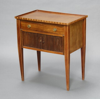 A 19th/20th Century French rectangular inlaid mahogany commode fitted a drawer above cupboard enclosed by a tambour shutter raised on square tapered supports 69cm h x 61cm w x 41cm d 