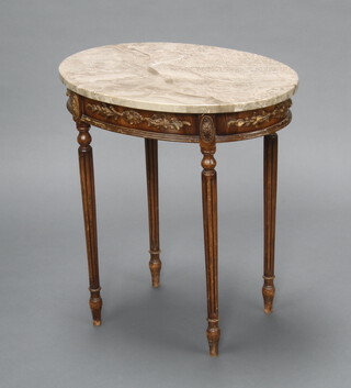 An Empire style oval occasional table with grey veined marble top, raised on turned and fluted supports 59cm h x 55cm w x 39cm d 