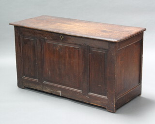 An 18th Century oak coffer of panelled construction with hinged lid and iron lock 70cm h x 130cm w x 56cm d 