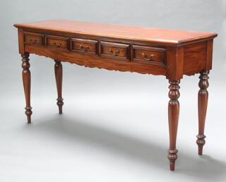 A Victorian style rectangular mahogany serving table fitted 5 drawers with swan neck drop handles, raised on turned supports 100cm h x 185cm w x 54cm d (top is warped, some contact marks and scratches)  