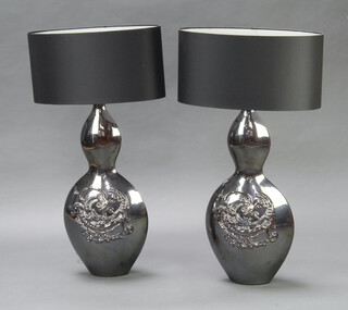 A pair of black silver lustre pottery table lamps 67cm h x 36cm w x 4cm 