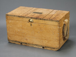 A 19th Century rectangular pine trunk with rope handles and hinged lid 51cm h x 91cm w x 49cm d 