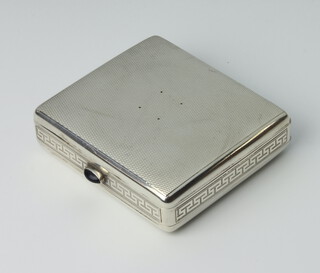 A 925 standard silver folding triple cigarette case with Greek key pattern border and gem stone cabochon knop, 238 grams, 8.5cm x 7.5cm    