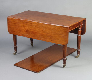 A 19th Century Continental mahogany extending dining table with 1 extra leaf, raised on turned supports with brass caps and casters 73cm h x 121cm w x 58cm l x 108cm l with leaf 