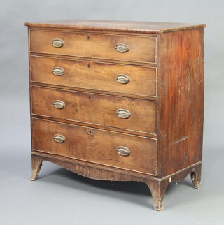 A Georgian bleached mahogany chest of 4 long drawers with oval plate drop handles, raised on splayed bracket feet 107cm h x 106cm w x 51cm d 