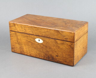 A Georgian style walnut twin section tea caddy with hinged lid and mother of pearl escutcheon 26cm h x 33cm w x 45cm d 