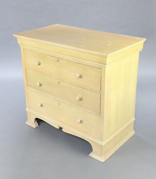 An Art Nouveau Continental painted pine chest of 3 drawers, raised on shaped supports 83cm h x 91cm w x 52cm d 