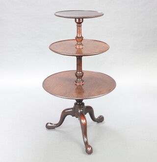 A 19th Century circular revolving 3 tier dumb waiter, raised on pillar and tripod base with brass casters 109cm h x 60cm diam to the lower tier 
