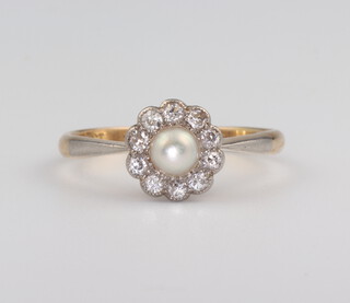 A yellow metal 18ct pearl and diamond cluster ring, 2.4 grams, size O 