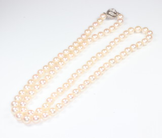 A strand of 92 cultured pearls with a white metal stamped 585 diamond ball clasp 73cm, pearls each approx. 6mm 

