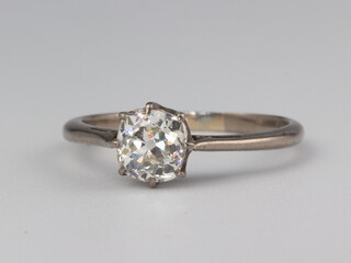 A white metal mine cut single stone diamond ring approx. 1ct, colour K/L, clarity SI2, 2.9 grams, size N 1/2, 