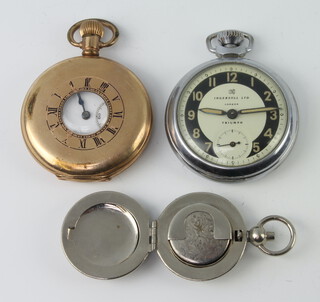 A chromium cased Ingersoll Ltd pocket watch with seconds at 6 o'clock together with a gilt cased half hunter pocket watch and a plated sovereign holder  