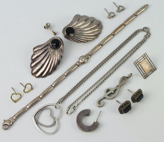 A pair of repousse shell 925 standard earrings and minor silver jewellery, gross weight 54 grams 