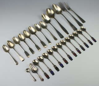 A niello dessert spoon, 12 enamelled spoons and minor Continental cutlery, gross weight 480 grams 