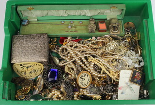 A quantity of vintage and other costume jewellery including watches, cased stud set, etc