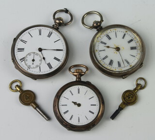 An Edwardian silver fob watch with enamelled dial, a ditto keywind watch and a gun metal ditto 