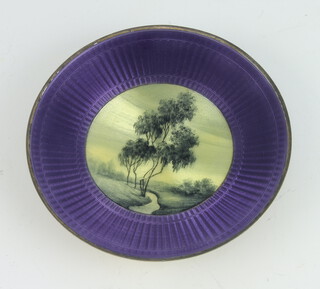 A Continental 925 standard guilloche enamel shallow dish decorated with trees beside a stream 8cm, 42.5 grams 