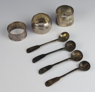 A silver napkin ring Birmingham 1923, 2 others, 4 mustard spoons, 116 grams