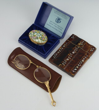 A pair of gilt metal lorgnettes together with a tortoiseshell and mother of pearl card case and an enamelled box 
