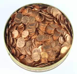 A large quantity of Queen Elizabeth II pennies contained in a tin 