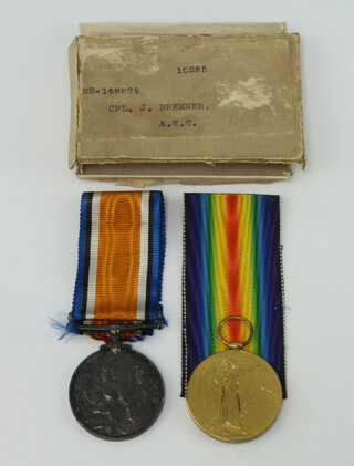 A World War One pair of medals to N2/148879 Cpl.J.Bremner ASC with posting box 