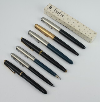 A black Parker slimfold fountain pen boxed, 4 others, a ditto ballpoint pen and propelling pencil 