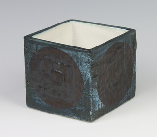 Troika, a square blue and black glazed vase decorated roundels 8cm h x 9cm x 9cm, base marked Troika, St Ives 