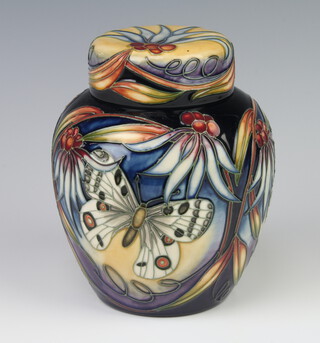 Moorcroft, a blue glazed floral patterned ginger jar and cover decorated butterfly, 15cm, the base impressed Moorcroft 02005 with a seahorse 