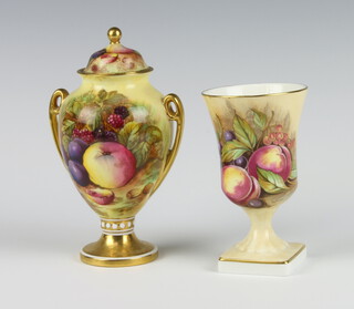 An Aynsley pedestal vase decorated with fruits 12cm, a ditto 2 handled vase and cover decorated with fruits 16cm, both by D jones