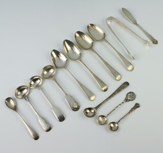 A pair of silver nips and minor silver spoons etc, mixed dates, 180 grams 