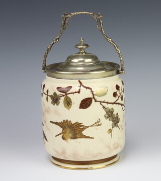 Taylor, Tunnicliffe & Co, a Victorian cylindrical floral patterned biscuit barrel decorated birds with silver plated mount 15cm 