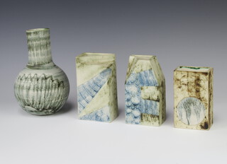 Crane Pottery, Penzance, Cornwall, a rectangular pottery vase with roundell decoration 10cm, 2 shaped vases 13cm and a club shaped vase 