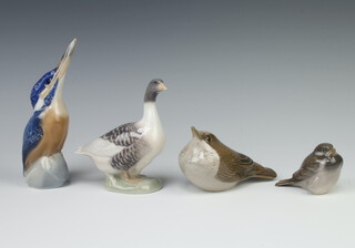 A Royal Copenhagen figure of a Kingfisher with fish 17cm and 3 ditto birds 6151, 3278 and a goose 1088 