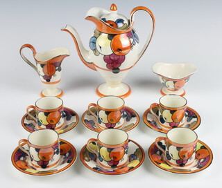 A Bursley Ware  coffee set pattern 772 by Charlotte Rhead, decorated with fruits comprising pedestal coffee pot (chip to spout), cream jug, sugar bowl, 6 coffee cans and 6 saucers 