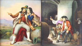 A pair of 19th Century Continental painted and framed porcelain panels of a musician and attendant in an extensive landscape and a gentleman and attendant in a wine cellar 18.5cm x 17cm 