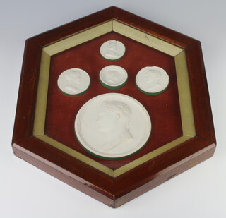 Five 19th Century plaster plaques of The Emperor Napoleon and Josephine contained in a diamond shaped glazed case