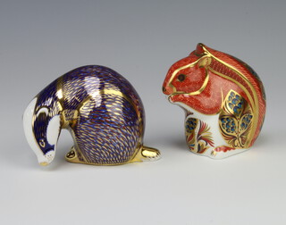 A Royal Crown Derby paperweight Squirrel LX1 with gold stopper and 1 other Badger XL1X (second?) with gold stopper  