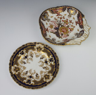 A Royal Crown Derby blue and gilt patterned plate, reverse marked with an M 21cm together with an Imari patterned shaped dish impressed Derby 10-06 24cm 