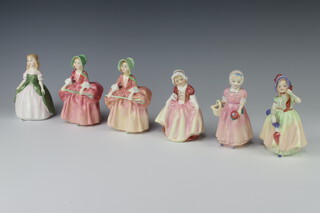 Six Royal Doulton figures - Bo Peep HN1811 10.5cm (x2), Penny HN2338, Dinky Do HN2120, Babie HN1679 and Tinkerbell HN1677 